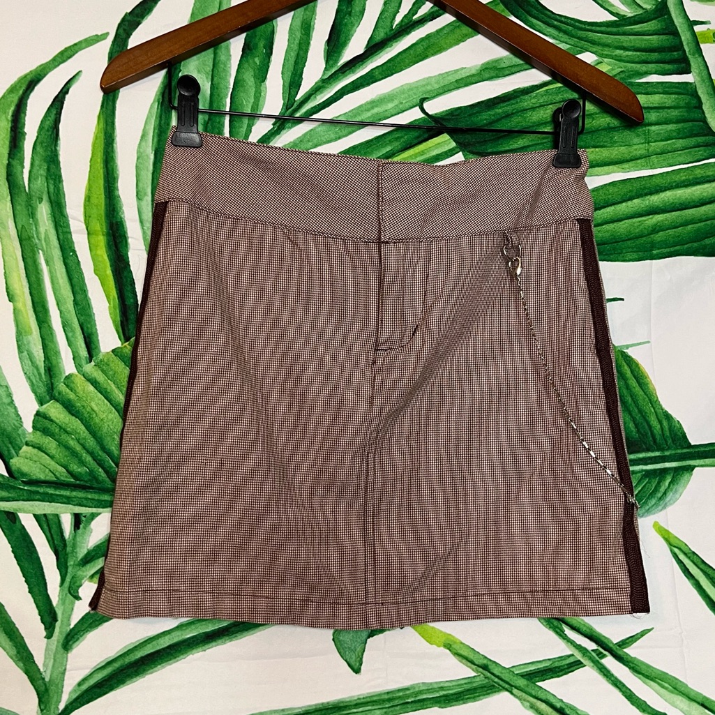 Y2k Volcom Gals Jrs 1 Brown Houndstooth Side Chain Emo Scene Summer Mini Skirt